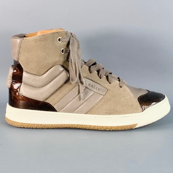 BALLY Size 8.5 Brown Taupe Color Block Leather High Top Sneakers - Picture 2 of 8